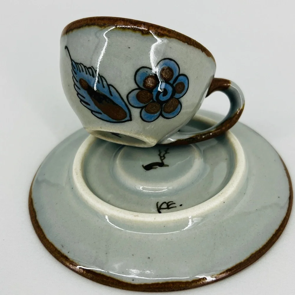 Vintage Ken Edwards Tonala Pottery Cup & Saucer Set El Palomar Blue Bird Signed - Picture 6 of 14